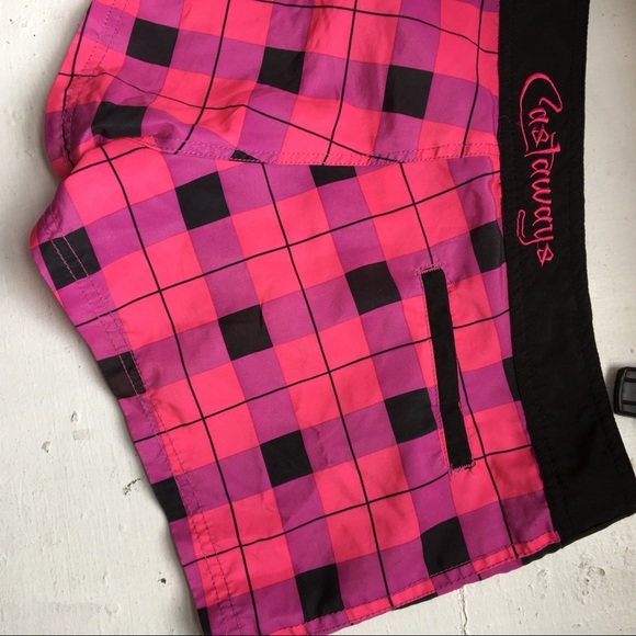 Pink, Purple, Black Plaid Castaways Board Shorts - Picture 5 of 6